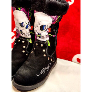 Ed Hardy Womens 6 Skull Boots Black Suede Fur Lined Studded Tattoo Y2K Mid Calf